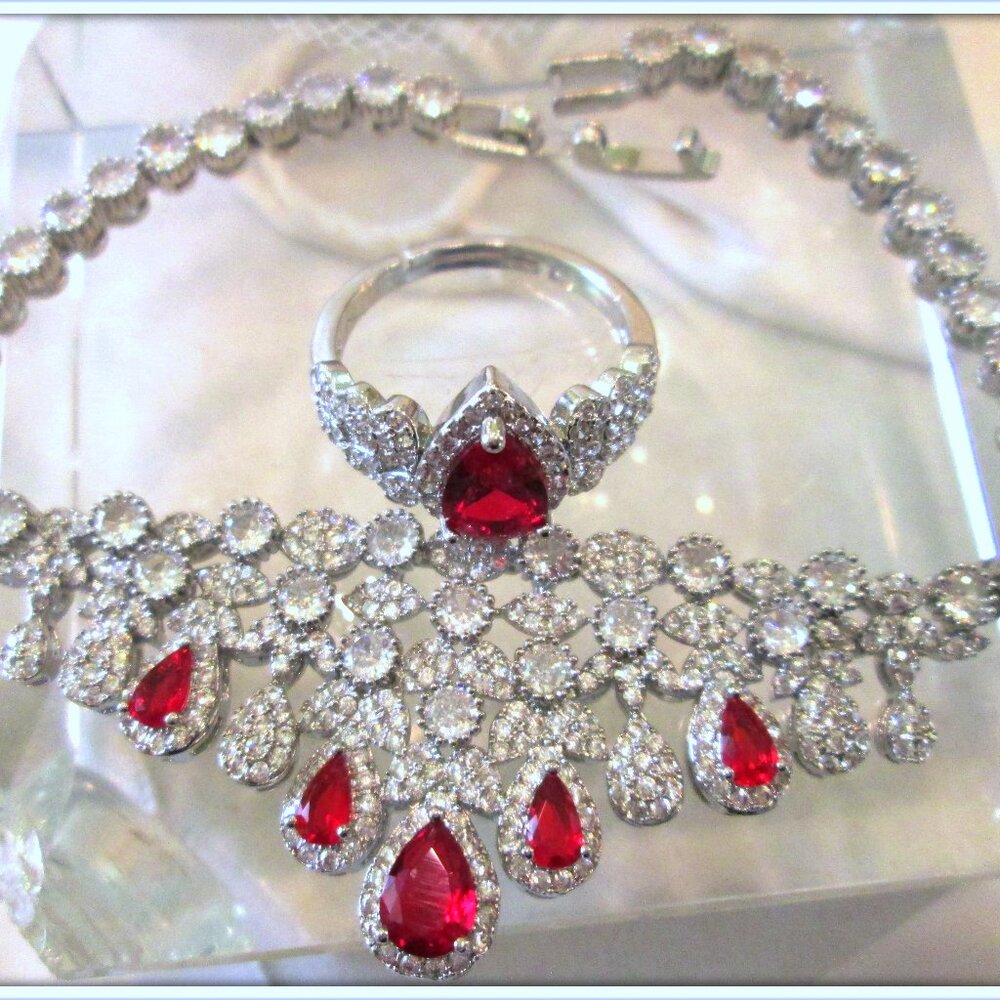 Ruby Pear Cut Gemstone Bracelet Ring Set 18k Gold… - image 2